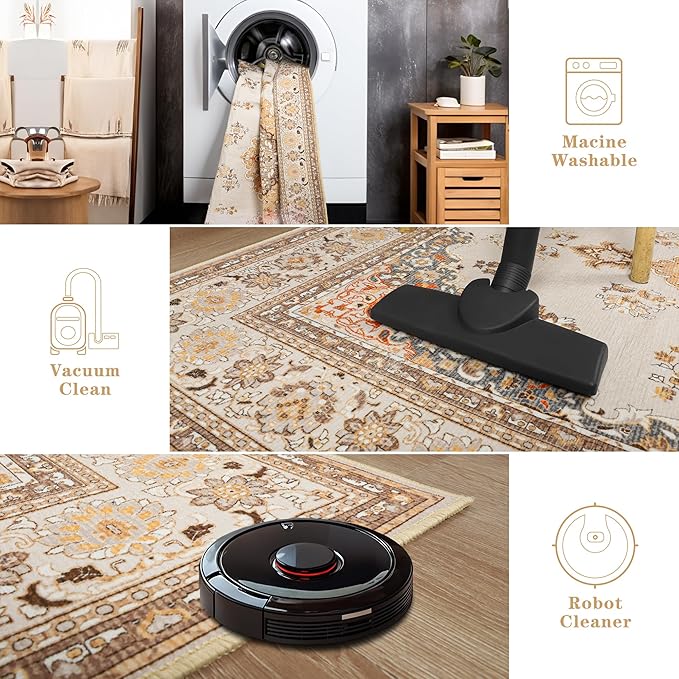 Tepook 2x6 Vintage Runner Rug - Low Pile Washable Non-Slip Carpet for Hallway, Kitchen, Bedroom, Entryway, Laundry Room, Bathroom - Indoor Throw Rug in Beige
