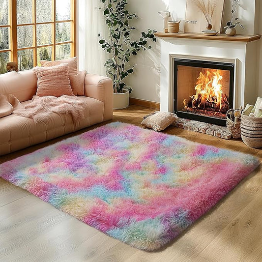 Zentavio Unicorn Rugs for Girls Room 3x5 Area Rugs for Living Room Small Carpet for Bedroom Washable Soft Fluffy Shag Aesthetic Plush High Pile Throw Rug for Nursery Kids Room Dorm Room Rainbow