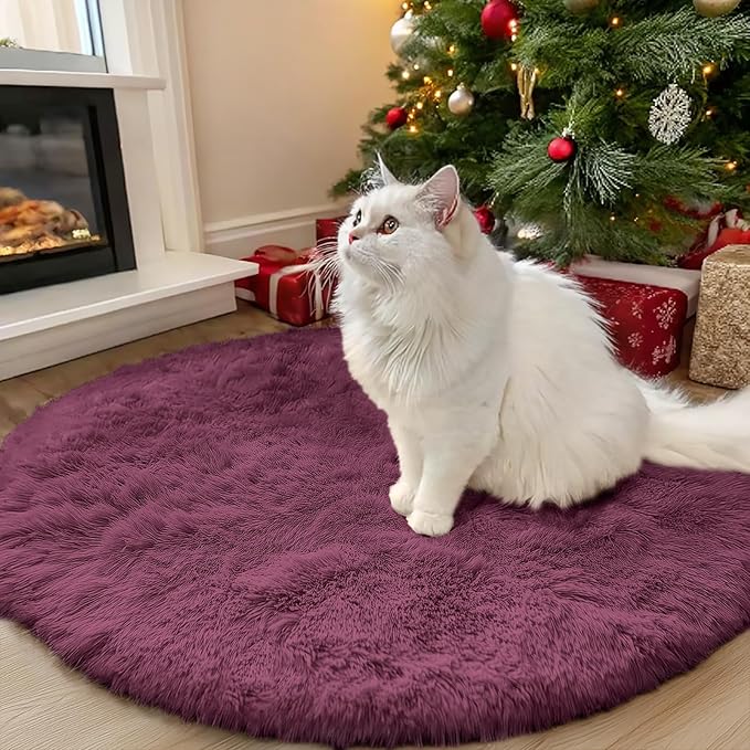 OLANLY Burgundy Round Rugs for Bedroom - Machine Washable, 3x3 Feet Circle Area Rugs for Living Room, Soft and Fluffy Shaggy Carpet for Teen Girls and Boys, Dorms, Nursery Rooms, Home Decor Aesthetic