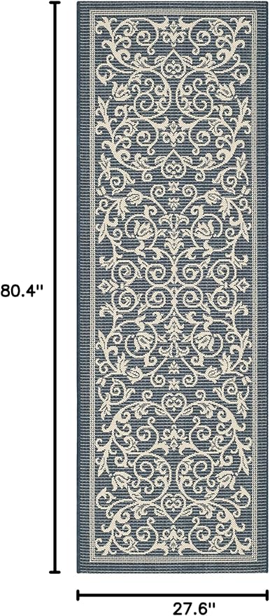 SAFAVIEH Courtyard Collection CY2098 Scroll Indoor/ Outdoor Non-Shedding Easy Cleaning Patio Backyard Porch Deck Mudroom Runner, 2'3" x 6'7" , Navy / Beige