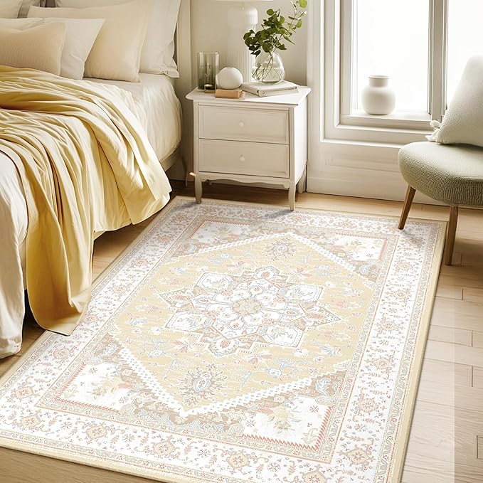 BESTSWEETIE 5x7 Area Rugs for Living Room Washable Non Slip Carpet Low Pile Soft Vintage Print Pattern Rug for Bedroom Dining Room Kitchen Entryway Indoor-Cream/Light Yellow/Brown/Blue/Red/Pink