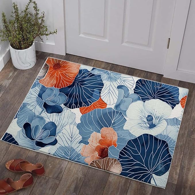 2x3 Entryway Rug Boho Botanical Leaf Japanese Navy Blue Orange Area Rug Ultra-Thin Soft Small Carpet Bathroom Non Slip Indoor Entrance Low Pile Door Mat Kitchen Stain Resistant Washable Machine