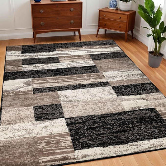 Superior Indoor Area Rug, Jute Backed, Modern Geometric Patchwork Floor Decor for Bedroom, Office, Living Room, Entryway, Hardwood Floors, Rockwood Collection, 8' x 10', Chocolate
