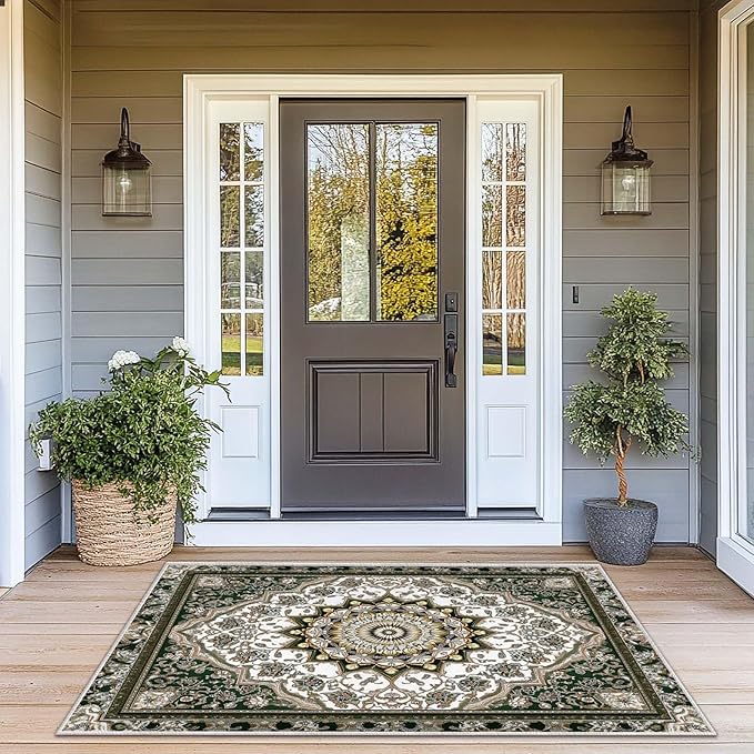 3x5 Entryway Rug Traditional Oriental Vintage White Dark Green Area Rug Indoor Entrance Non Slip Door Mat Stain Resistant Washable Machine Soft Low Pile Small Carpet Bathroom Kitchen