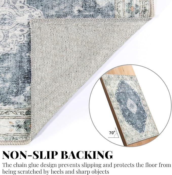 MUJOO 5'x7' Area Rugs Blue Grey Machine Washable Rugs Living Room Rugs Boho Rug for Bedroom Laundry Room Kitchen Non Slip Large Carpet Abstract Soft Low-Pile Floral