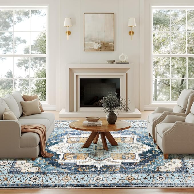 Washable 8x10 Area Rugs, Rugs for Living Room, Low-Pile Water&Stain Resistant Carpet Vintage Distressed Printed Non-Slip Carpet for Bedroom Bathroom Kitchen-Sky Blue