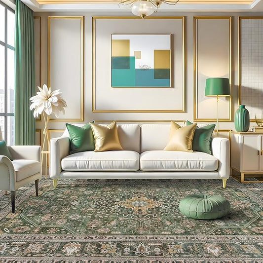 10x14 Rug Living Room: Extra Large Washable Area Rugs Super Soft Distressed Oriental Rugs with Non Slip Backing Farmhouse Rug Low Pile Thin Stain Resistant Indoor Carpet 10x14 Green/Multi