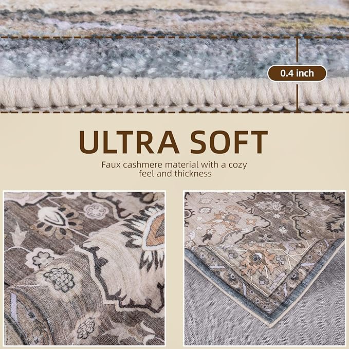 Washable Area Rug 4x6 Non-Slip, Boho Rugs for Living Room Decor，Indoor Mat for Front Porch, Kitchen, Laundry Room, Bathroom, Olive