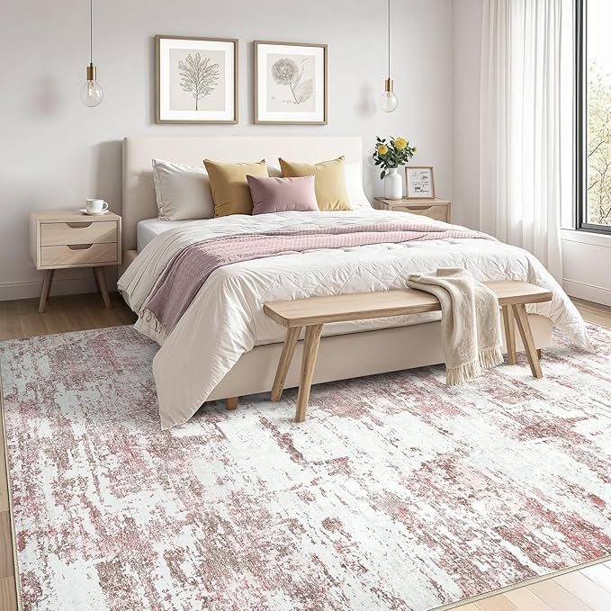 Area Rugs for Living Room: 5x7 Abstract Washable Rug Modern Neutral Large Soft Stain Resistant Non-Slip Backing Machine Table for Bedroom Dining Room Indoor Home Office Carpet - Pink