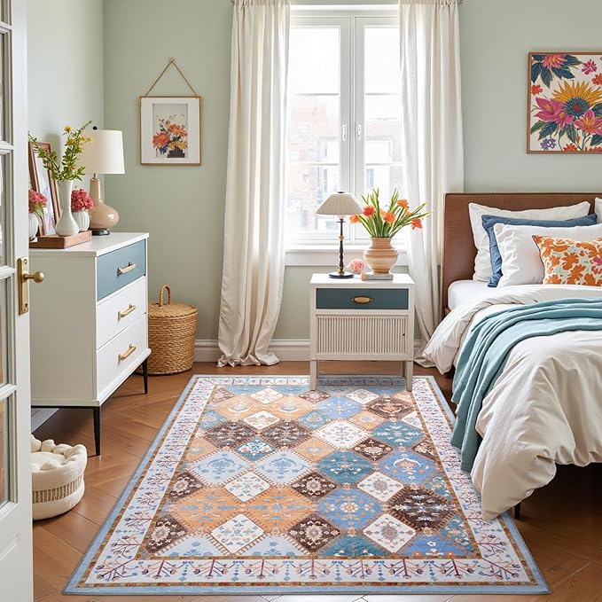 4x6 Washable Area Rug for Bedroom, Blue Boho Non-Slip Living Room Rugs, Moroccan Floral Trellis Carpet Soft Low Pile Accent Indoor Mat for Bedside Kitchen Laundry Room