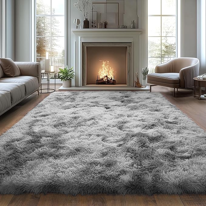 Ultra Soft Fluffy Rugs for Bedroom, Anti-Skid Indoor Carpet Nursery Rugs for Kids Room Home Decor, Rectangular Fuzzy Rug Tie-Dyed Light Grey 4x6 Feet