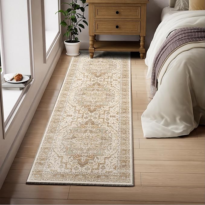 2x6 Area Rug Boho Machine Washable Living Room Rug Non Slip Low Pile Vintage Print Distressed Soft Carpet for Bedroom Diningroom Neutral Brown/Beige/Pink/Green