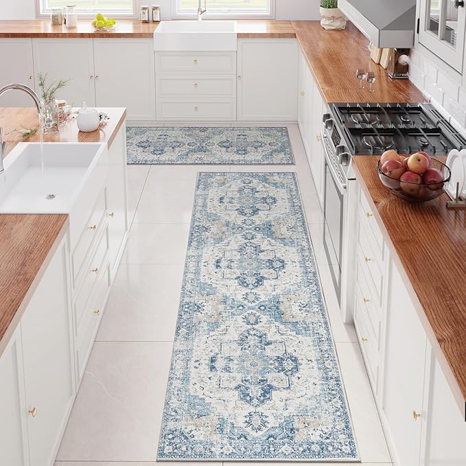 jinchan Runner Rug 2x10-2pcs Hallway Rug Kitchen Washable Runner Vintage Mat Retro Lightweight Non-Slip Floor Cover Distressed Thin Carpet for Entryway Bathroom Bedroom Laundry Room Stairway Blue