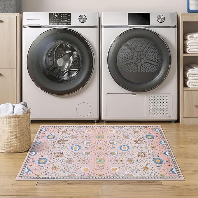 Syalife 2x3 Area Rugs, Non Slip Washable Small Rugs for Entryway, Kitchen, Bathroom, Kids Room, Low Pile Entry Throw Rug Indoor Front Door Mat (Pink Floral, 2'x3')