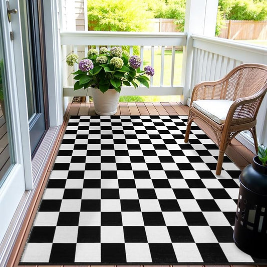 Seavish Checkered Rug, 5x6.5 Ft Black and White Outdoor Rug Moroccan Checkerboard Mat Washable Runner Rug Cotton Woven for Hallway Front Door Bedroom Entryway Kitchen Floor Reversible Area Rugs