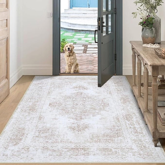 Bedroom Rug 3x5 Vintage Rug, Machine Washable Kitchen Rug Retro Medallion Distressed Rug Non-Slip Soft Low Pile Throw Rugs for Entryway Bedroom Bathroom Hallway Kitchen(Beige,3'x5')