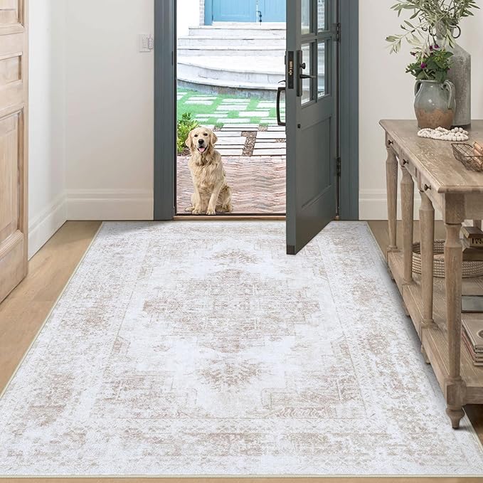 Bedroom Rug 3x5 Vintage Rug, Machine Washable Kitchen Rug Retro Medallion Distressed Rug Non-Slip Soft Low Pile Throw Rugs for Entryway Bedroom Bathroom Hallway Kitchen(Beige,3'x5')