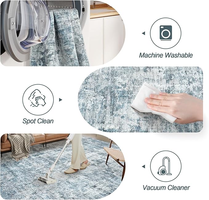 10x14 Area Rugs for Living Room, Non Slip Machine Washable Vintage Rugs, Low Pile Lightweight Large Rug for Bedroom, Dining Room, Home Office Blue
