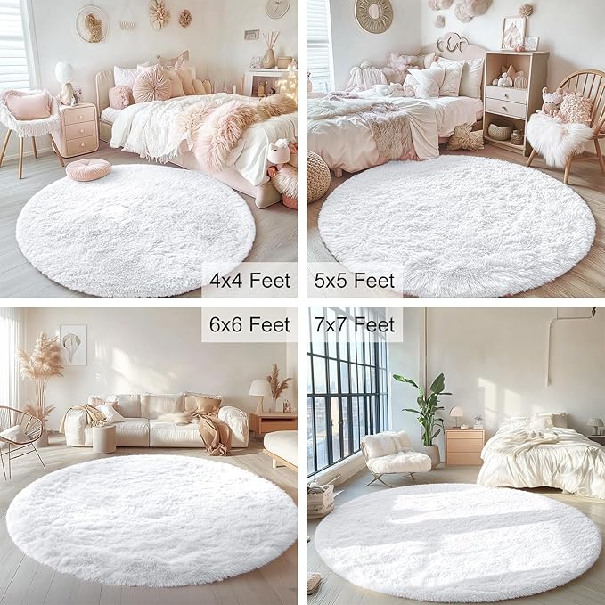 OLANLY White Round Rugs for Bedroom - Machine Washable, 7x7 Feet Circle Area Rugs for Living Room, Soft and Fluffy Shaggy Carpet for Teen Girls and Boys, Dorms, Nursery Rooms, Home Decor Aesthetic