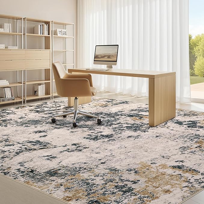 Area Rugs for Living Room: 7x9 Abstract Washable Rug Large Soft Stain Resistant Non-Slip Backing for Bedroom Dining Room Indoor Home Office Carpet for Kids Pet Friendly Families - Grey Gold