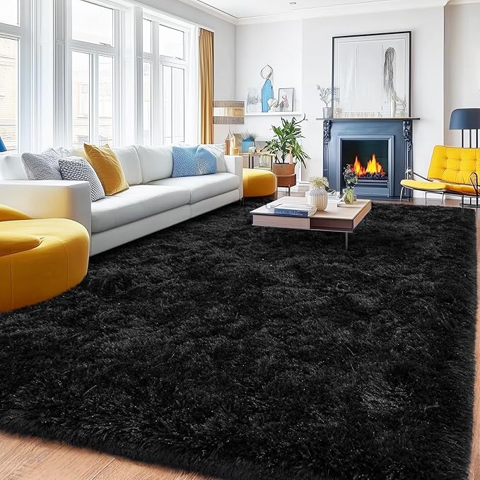 Black Area Rugs 8x10 for Living Room, Large Shag Plush Rug Bedroom Carpet, Non-Slip Modern Fluffy Indoor Floor Rug for Kids Room Dorm Nursery Home Decor Aesthetic