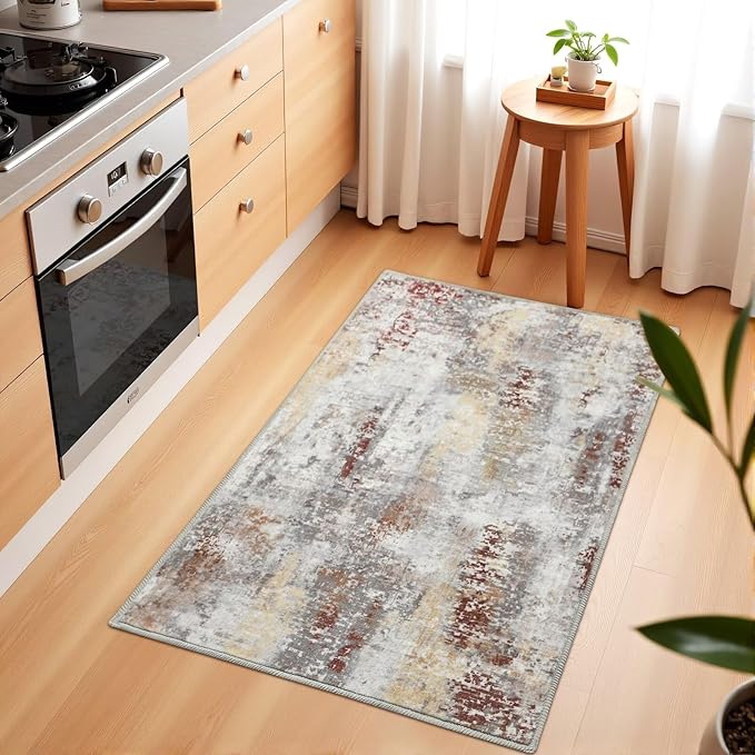 Washable Abstract Rug, 2x3 Small Modern Area Rugs with Non-Slip Rubber Backed for Kitchen, Thin but Soft Throw Carpet Bedroom Entryway Front Door Decor, Rusty Brown