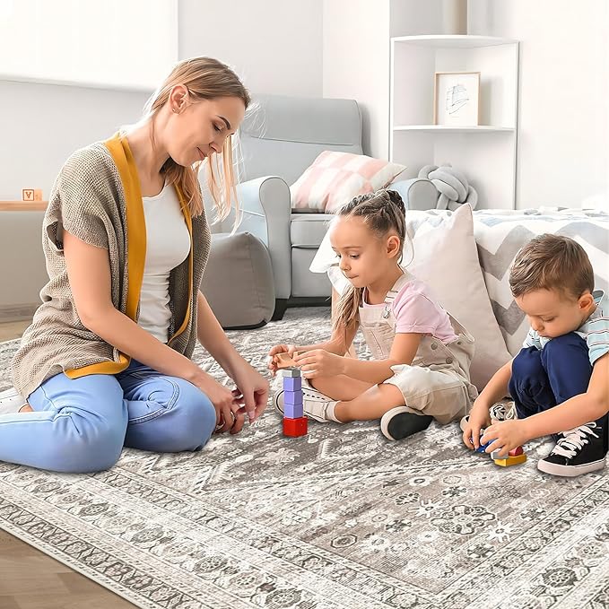 Zomfy Area Rug Vintage 5x7 Living Room Rugs: Washable Rug Traditional Oriental Medallion Rug, Non Slip Boho Carpet for Bedroom Dining Table Kitchen Home Office(Brown, 5'x7')