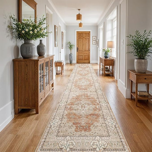 3x20 Runner Rug for Hallway Washable: Non Slip Kitchen Rugs with Rubber Backing Soft Waterproof Mats Stain Resistant Indoor Vintage Carpet Runner for Bedroom Bathroom Laundry Entryway Brick/Terracotta