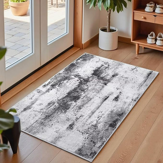 Washable Abstract Rug, 2x3 Small Modern Area Rugs with Non-Slip Rubber Backed for Kitchen, Thin but Soft Throw Carpet Bedroom Entryway Front Door Decor, Black Grey