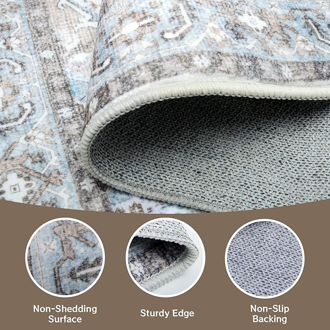 Washable Rug 3x5 Non-Slip Vintage Retro Rugs Low Pile Lightweight Print Carpet Indoor Entryway Door Mat Throw Rug for Living Room, Bedroom, Dining Room (Beige & Taupe)