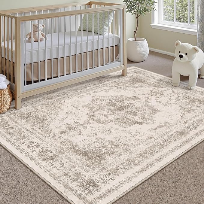 Area Rug 4x6 Washable Taupe Rug Vintage Boho Medallion Entryway Door Mat Distressed Retro Carpet Non Slip Low Pile Small Soft for Office Kitchen Bedroom Laundry Bathroom Hallway