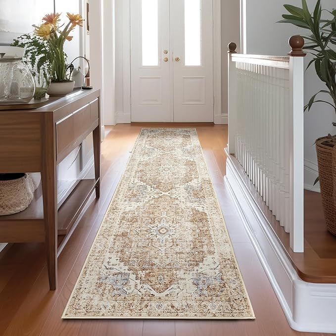 jinchan Runner Rug 2x10 Hallway Rug Kitchen Washable Runner Vintage Mat Retro Lightweight Non-Slip Floor Cover Distressed Thin Carpet for Entryway Bathroom Bedroom Laundry Room Stairway Brick Red