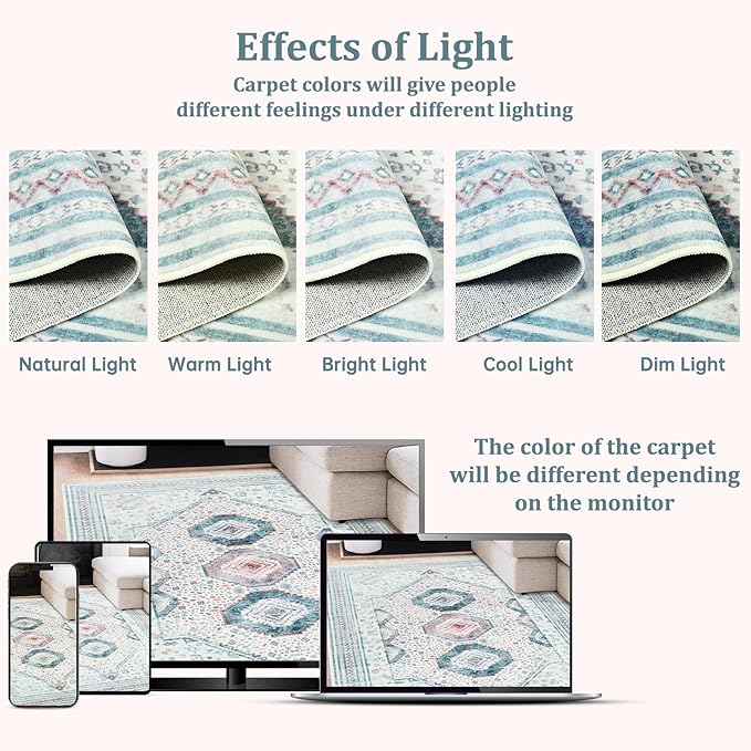 Maxsoft 8x10 Area Rug,Vintage Machine Washable Rugs for Living Room, Soft Non-Slip Low Pile Rug, Stain Resistant Rugs for Kitchen, Bedroom, Dining Room,Laundry Room,Nursery (Beige White)