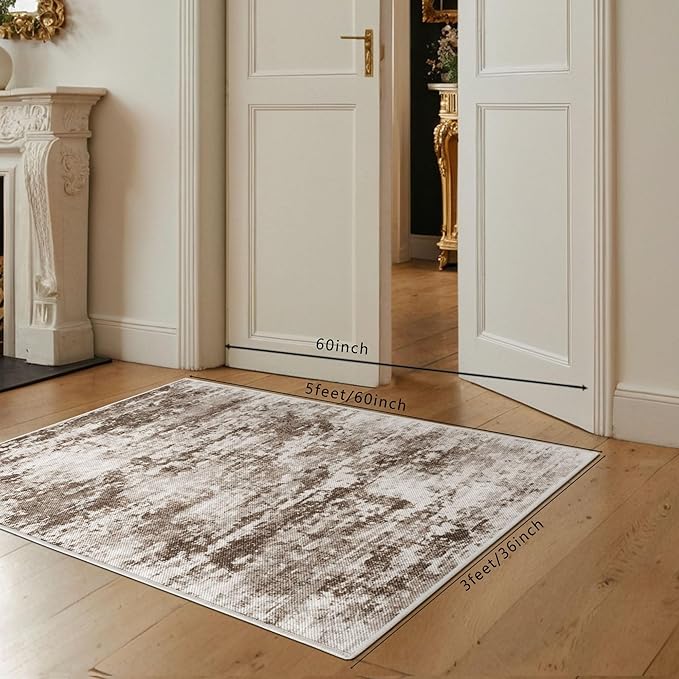 3x5 Abstract Washable Area Rug, Doormat Rugs, No Pile, Tear and Stain Resistance, Non-Slip, Hand Woven Style Thin Entryway Rug Throw Rug for High Traffic Entrance Bedside- Brown