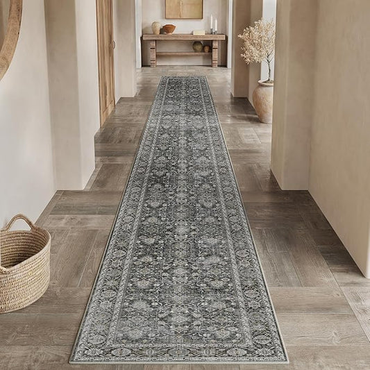 Black Runner Rug 3x12 Vintage Area Carpet Hallway Long Indoor Kitchen Washable Living Room Low Pile Traditional Distressed Retro Accent Throw Rug Non Slip Laundry Bathroom Office Dining Room