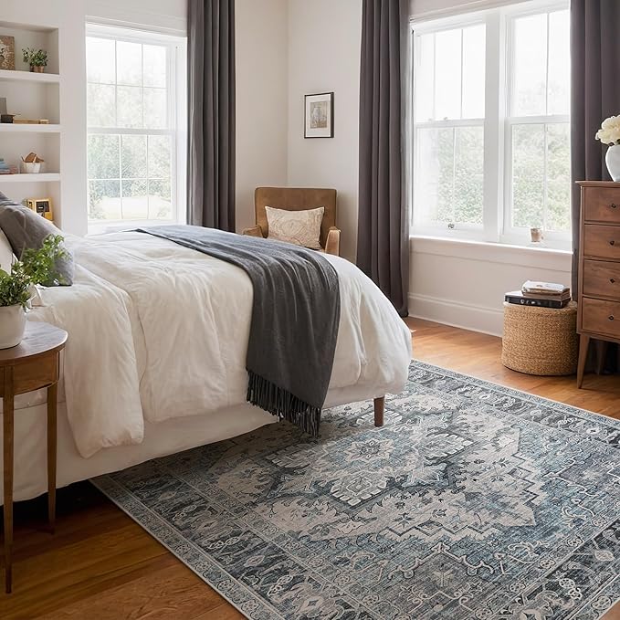 Washable Area Rugs Boho Non Slip Stain Resistant Thin Carpet Vintage Blue Printed Oriental Distressed 6x9 Rug for Living Room Bedroom Low Pile