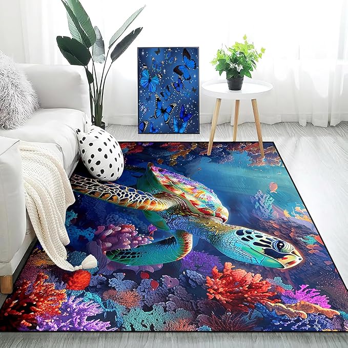 Sea Turtle Area Rug - Sea Turtle Rug for Bedroom Coral Ocean Theme Rugs Ocean Life Decor, 47" L x 39" W