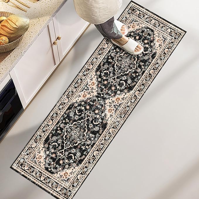 Vhong Washable Area Rugs Boho Runners Vintage Modern Neutral Carpet Black and Brown 2×6 High Traffic Rugs for Kitchen Hallway Living Room Non Slip