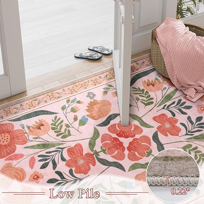 Beige Boho Washable Area Rug 5x7, Floral Soft Non Slip Kids Rugs for Bedroom, Ultra-Thin Colorful Living Room Carpet, Farmhouse Botanical Carpet for Nursery Playroom (5x7ft,Beige)