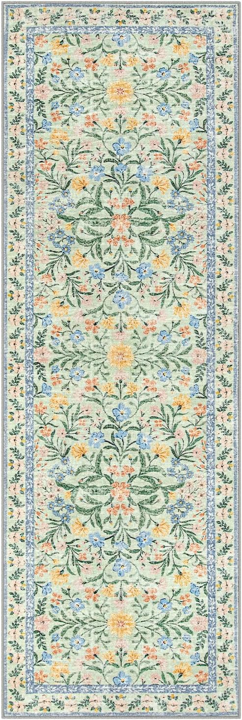 Lahome Machine Washable Runner Rug 2x6,Boho Bathroom Rug Runner,Vintage Floral Soft Ultra-Thin Indoor Throw Carpet for Entryway Bedroom Hallway Bath Laundry Room, Green/Multi