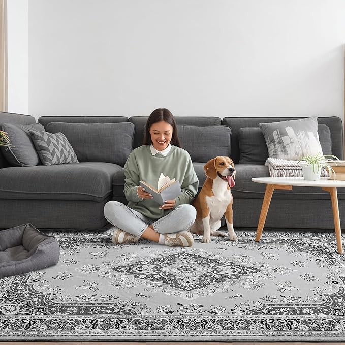 Vintage Area Rug for Living Room, Machine Washable Rug Non Slip Low Pile Large Rug for Living Room, Bedroom, Farmhouse, Dining Room, 9x11 Feet, Grey