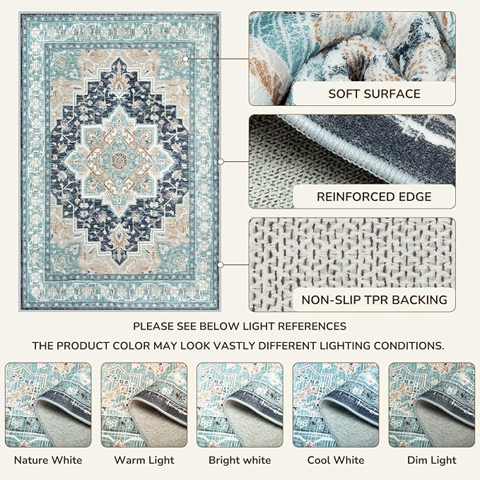 BESTSWEETIE 2x6 Area Rugs for Living Room, Washable Ultra Soft Boho Vintage Print Pattern Rug Non Slip Low Pile Carpet for Dining Room Bedroom Entryway Indoor-Navy/Light Blue/Natural