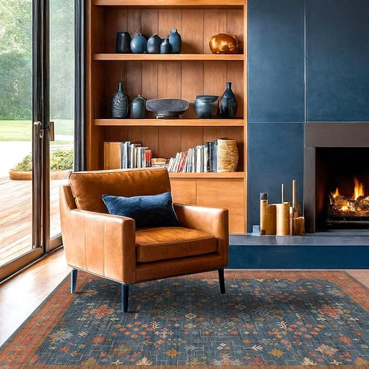 Washable 4x6 Small Rug for Living Room, Area Rug for Kitchen, Bedside, Large Entryway Indoor - Stain Resistant Non Skid Non Slip with Rubber Backing, Boho Aethestic Décor (4x6 Navy Blue)