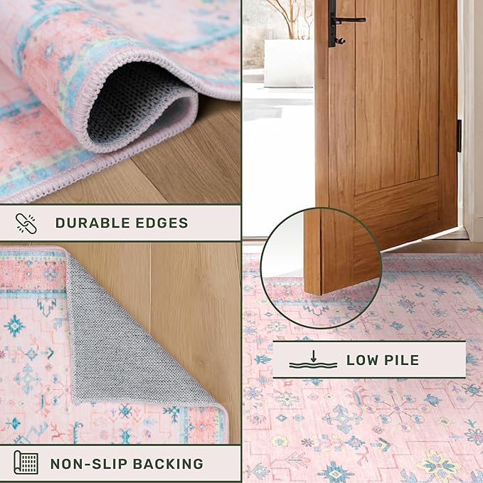 Washable Pink Hallway Runner Rug, 2x6 Area Rugs for Kitchen Floor Mat, Laundry Room, Bedroom - Boho Modern Floral Distressed Oushak Design, Soft Faux Wool Low Pile Non Slip Stain Resistance Carpet