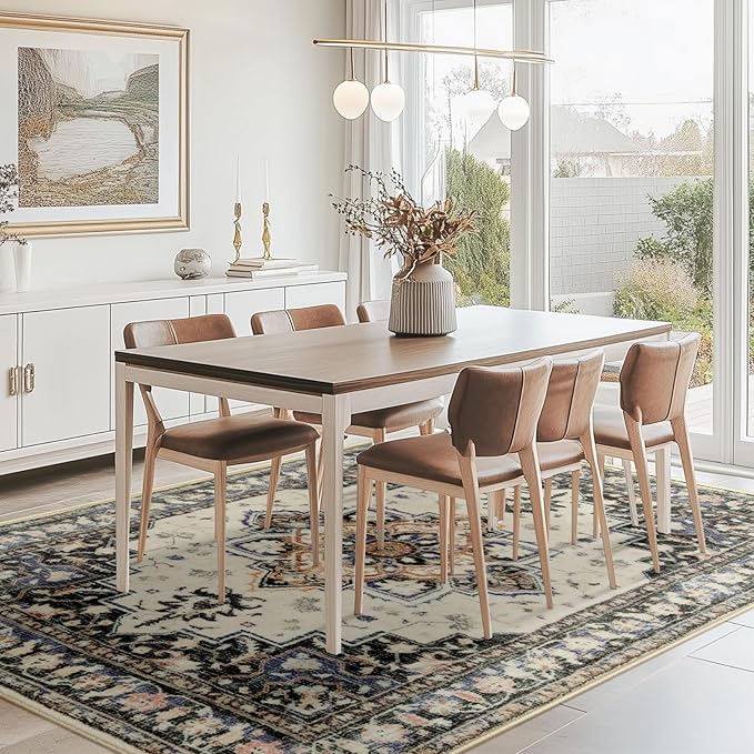BESTSWEETIE 9x12 Area Rugs for Living Room, Washable Ultra Soft Boho Vintage Print Pattern Rug Non Slip Low Pile Carpet for Dining Room Bedroom Entryway Indoor-Khaki/Beige/Purple/Black