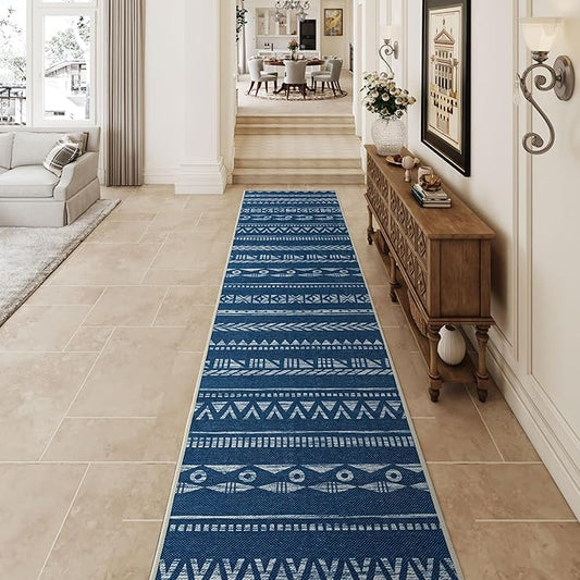 Runners for Hallways Kitchen Runner Rug Non Slip 2x10 Long Washable Runner Rugs Tear and Stain Resistance, Hand Woven Style, No Pile, Thin Rug for Hallways, Kitchen, Bedroom, Bathroom- Blue
