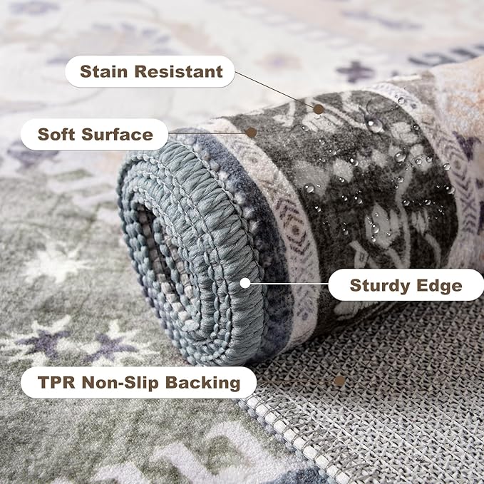 2x3 Small Washable Area Rug for Entryway, Boho Non-Slip Indoor Kitchen Rugs, Moroccan Floral Trellis Carpet Soft Low Pile Vintage Throw Mat for Bedroom Bathroom Front Door, Teal/Grey