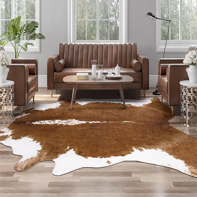 AROGAN 8x10 Faux Cowhide Area Rugs for Living Room, Animal Skins Cow Hide Rug for Bedroom, Cool Western Christmas Decor, Thin Leather Cow Hide Carpets Fireplace Rug, Brown