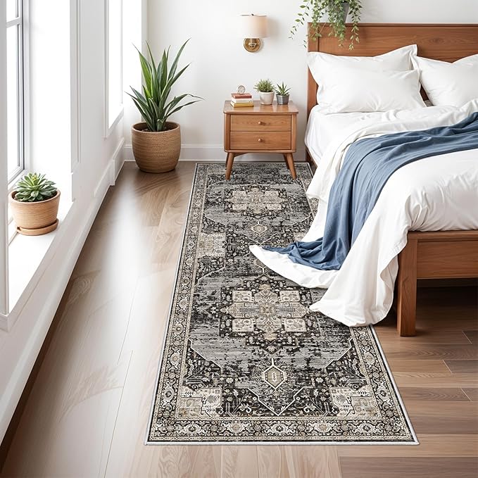 RUUGME Washable 3X8 Runner Rugs - Large Boho Rugs for Living Room Stain Resistant Carpet Vintage Tribal Rugs for Bedroom Kitchen Bathroom Non Slip Backing Home Decor Floor Decoration Mat 3X8 Black