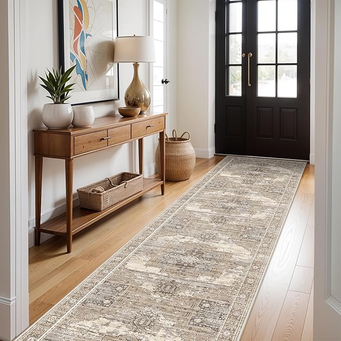 RUUGME Washable 3X14 Runner Rugs - Large Boho Rugs for Living Room Stain Resistant Carpet Vintage Tribal Rugs for Bedroom Kitchen Bathroom Non Slip Backing Home Decor Floor Decoration Mat 3X14 Beige